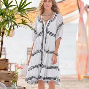 Sundance Sea La Vie Embroidered Dress White Black Size Small